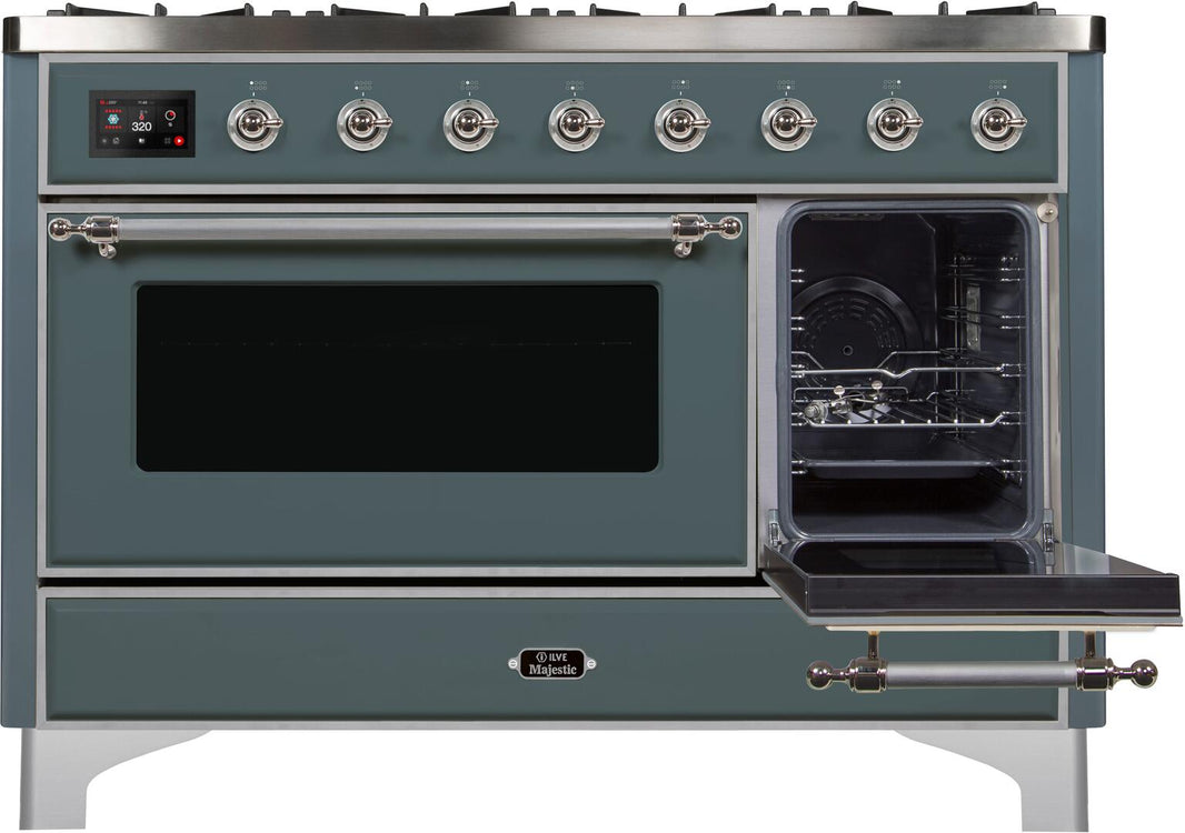 ILVE 48-Inch Majestic II Dual Fuel Range with 8 Sealed Brass Burners and Griddle - 5.62 cu. ft. Oven - in Blue Grey with Chrome Trim (UM12FDNS3BGC)