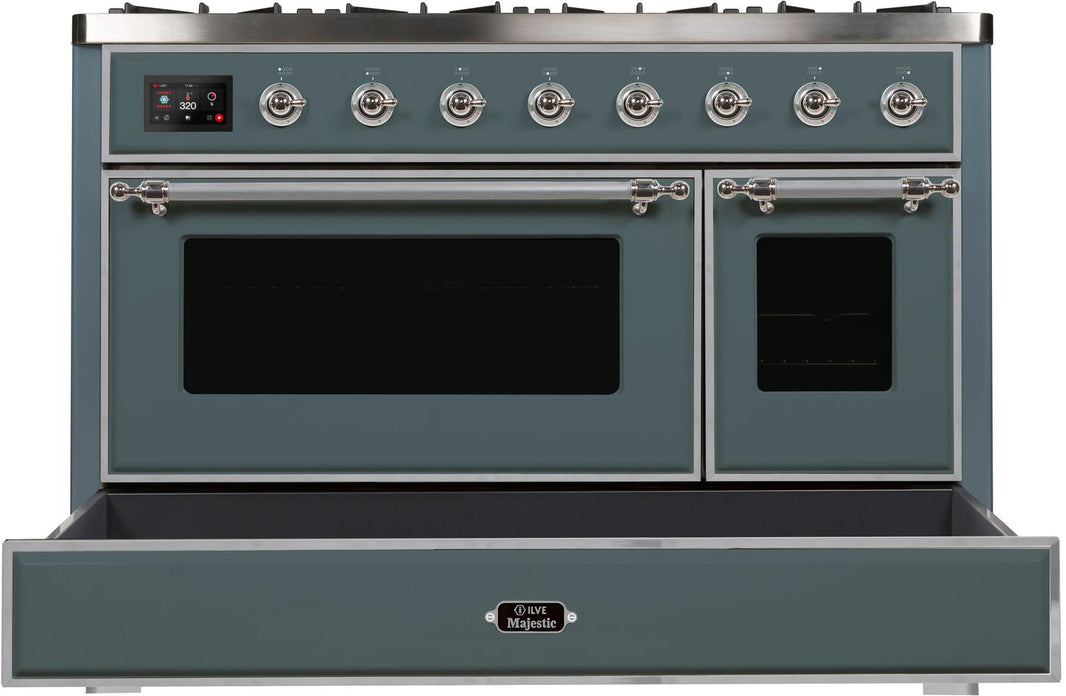 ILVE 48-Inch Majestic II Dual Fuel Range with 8 Sealed Brass Burners and Griddle - 5.62 cu. ft. Oven - in Blue Grey with Chrome Trim (UM12FDNS3BGC)