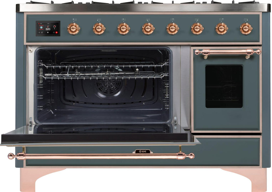 ILVE 48-Inch Majestic II Dual Fuel Range with 8 Sealed Brass Burners and Griddle - 5.62 cu. ft. Oven in Blue Grey with Copper Trim (UM12FDNS3BGP)