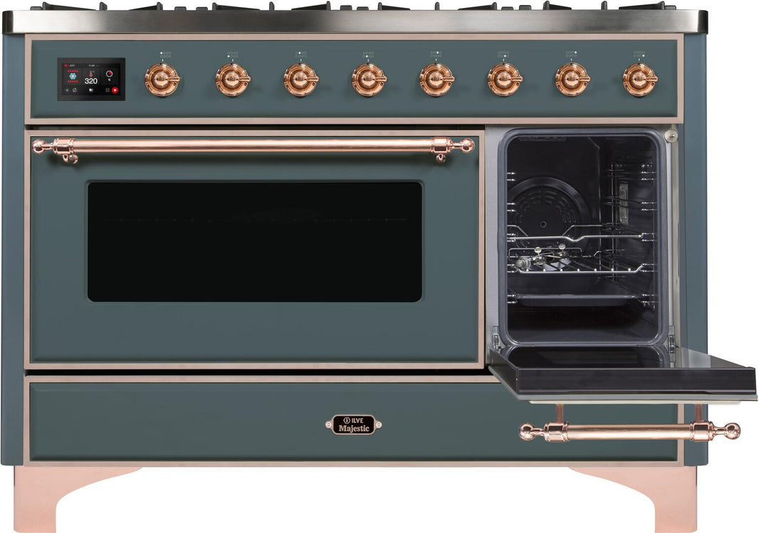 ILVE 48-Inch Majestic II Dual Fuel Range with 8 Sealed Brass Burners and Griddle - 5.62 cu. ft. Oven in Blue Grey with Copper Trim (UM12FDNS3BGP)