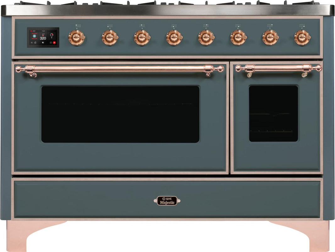 ILVE 48-Inch Majestic II Dual Fuel Range with 8 Sealed Brass Burners and Griddle - 5.62 cu. ft. Oven in Blue Grey with Copper Trim (UM12FDNS3BGP)