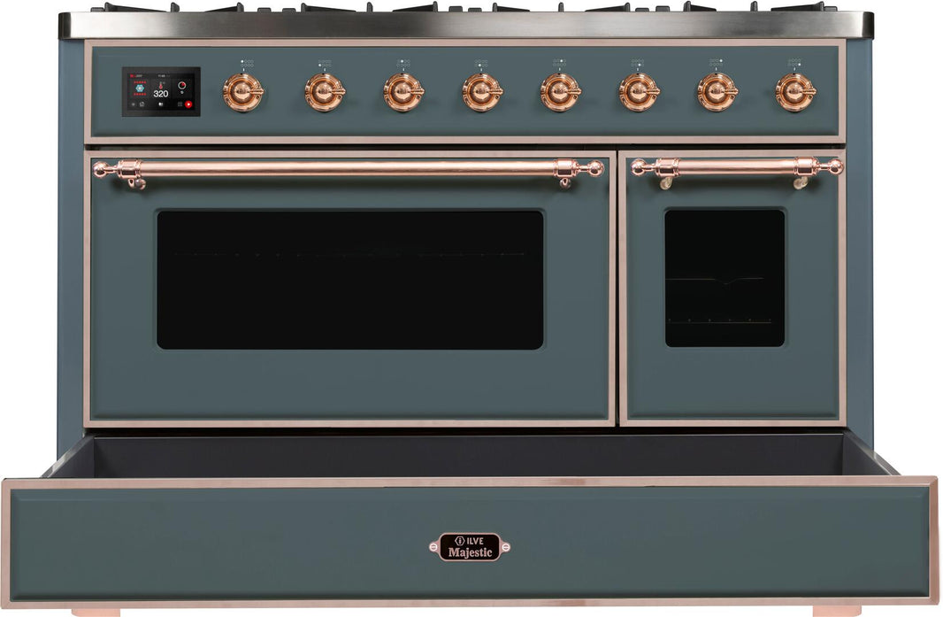 ILVE 48-Inch Majestic II Dual Fuel Range with 8 Sealed Brass Burners and Griddle - 5.62 cu. ft. Oven in Blue Grey with Copper Trim (UM12FDNS3BGP)