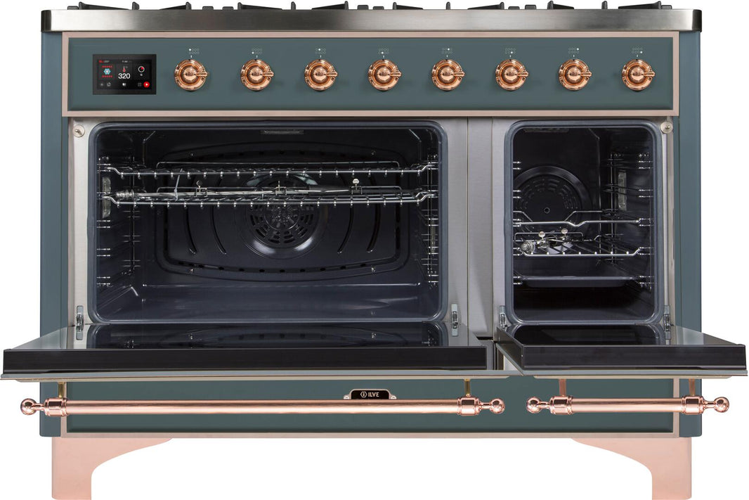 ILVE 48-Inch Majestic II Dual Fuel Range with 8 Sealed Brass Burners and Griddle - 5.62 cu. ft. Oven in Blue Grey with Copper Trim (UM12FDNS3BGP)