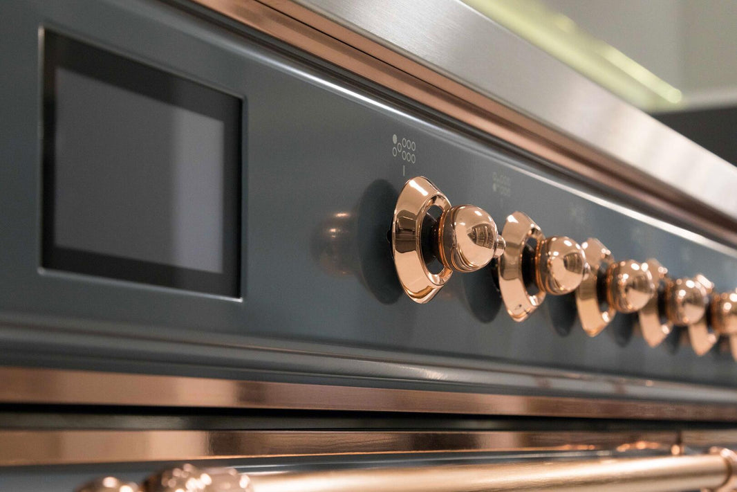 ILVE 48-Inch Majestic II Dual Fuel Range with 8 Sealed Brass Burners and Griddle - 5.62 cu. ft. Oven in Blue Grey with Copper Trim (UM12FDNS3BGP)