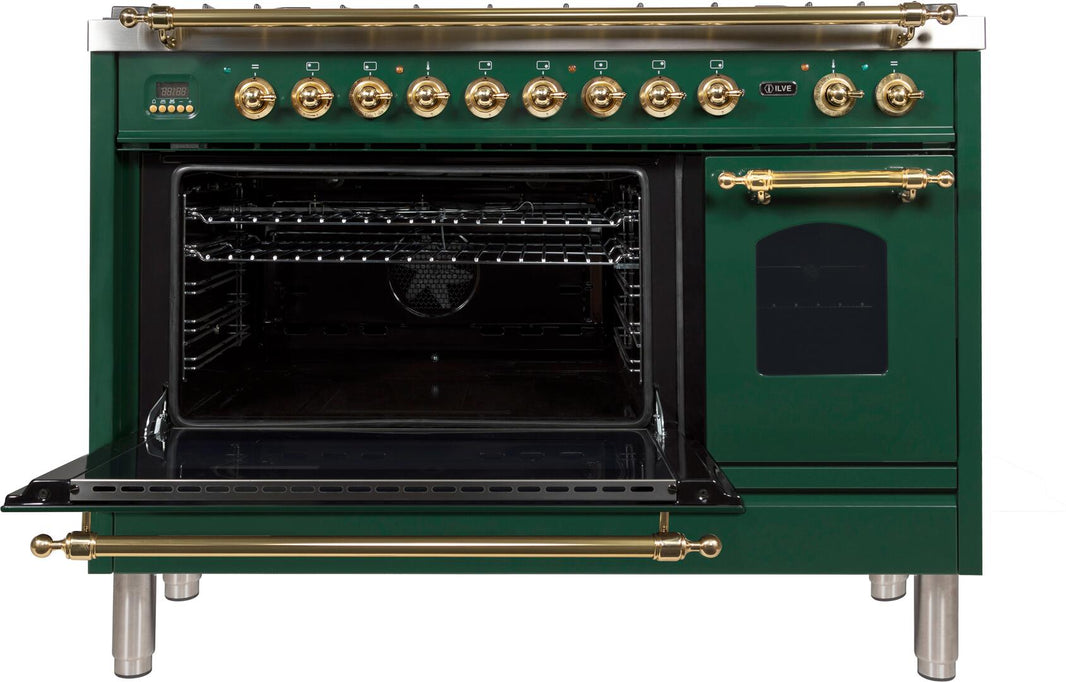 ILVE 48-Inch Nostalgie - Dual Fuel Range with 7 Sealed Burners - 5 cu. ft. Oven - Griddle with Brass Trim in Emerald Green (UPN120FDMPVS)