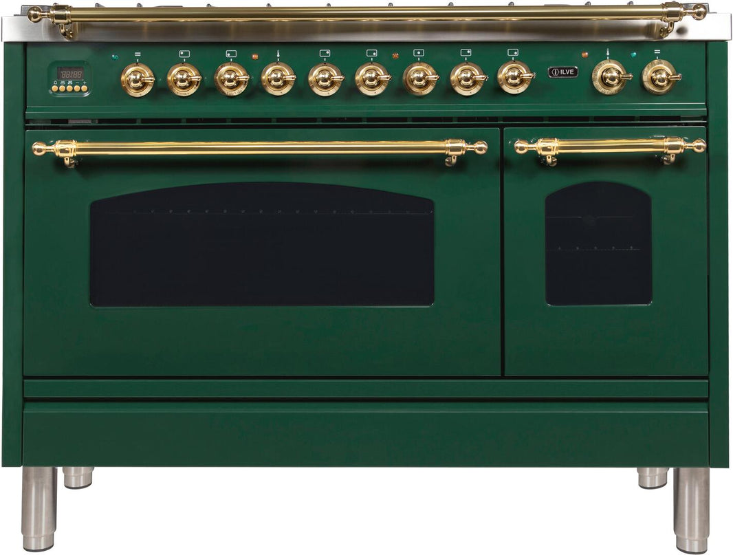 ILVE 48-Inch Nostalgie - Dual Fuel Range with 7 Sealed Burners - 5 cu. ft. Oven - Griddle with Brass Trim in Emerald Green (UPN120FDMPVS)