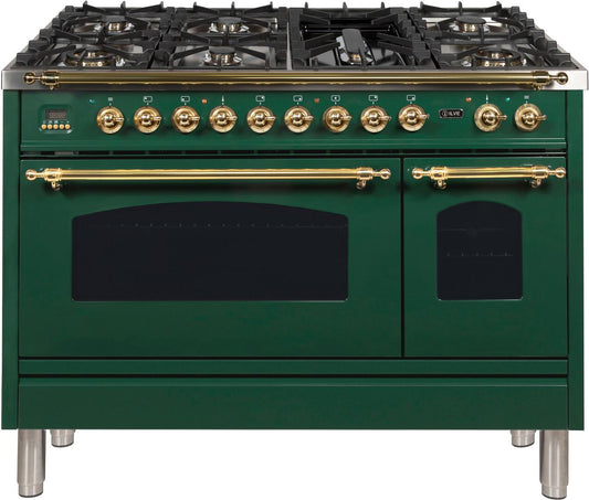 ILVE 48-Inch Nostalgie - Dual Fuel Range with 7 Sealed Burners - 5 cu. ft. Oven - Griddle with Brass Trim in Emerald Green (UPN120FDMPVS)