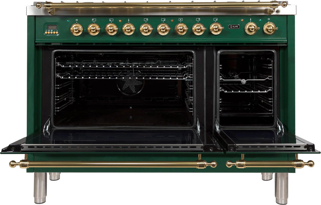 ILVE 48-Inch Nostalgie - Dual Fuel Range with 7 Sealed Burners - 5 cu. ft. Oven - Griddle with Brass Trim in Emerald Green (UPN120FDMPVS)