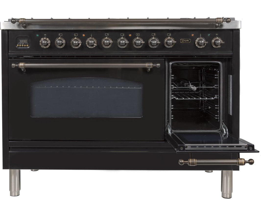 ILVE 48-Inch Nostalgie - Dual Fuel Range with 7 Sealed Burners - 5 cu. ft. Oven - Griddle with Bronze Trim in Glossy Black (UPN120FDMPNY)