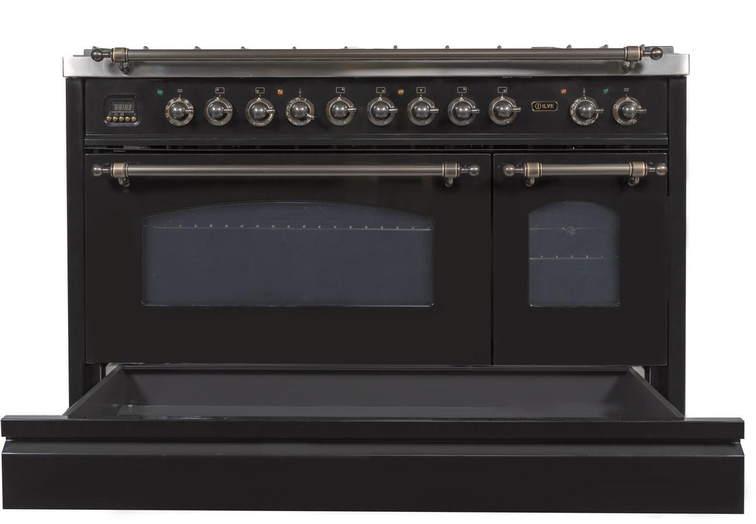 ILVE 48-Inch Nostalgie - Dual Fuel Range with 7 Sealed Burners - 5 cu. ft. Oven - Griddle with Bronze Trim in Glossy Black (UPN120FDMPNY)