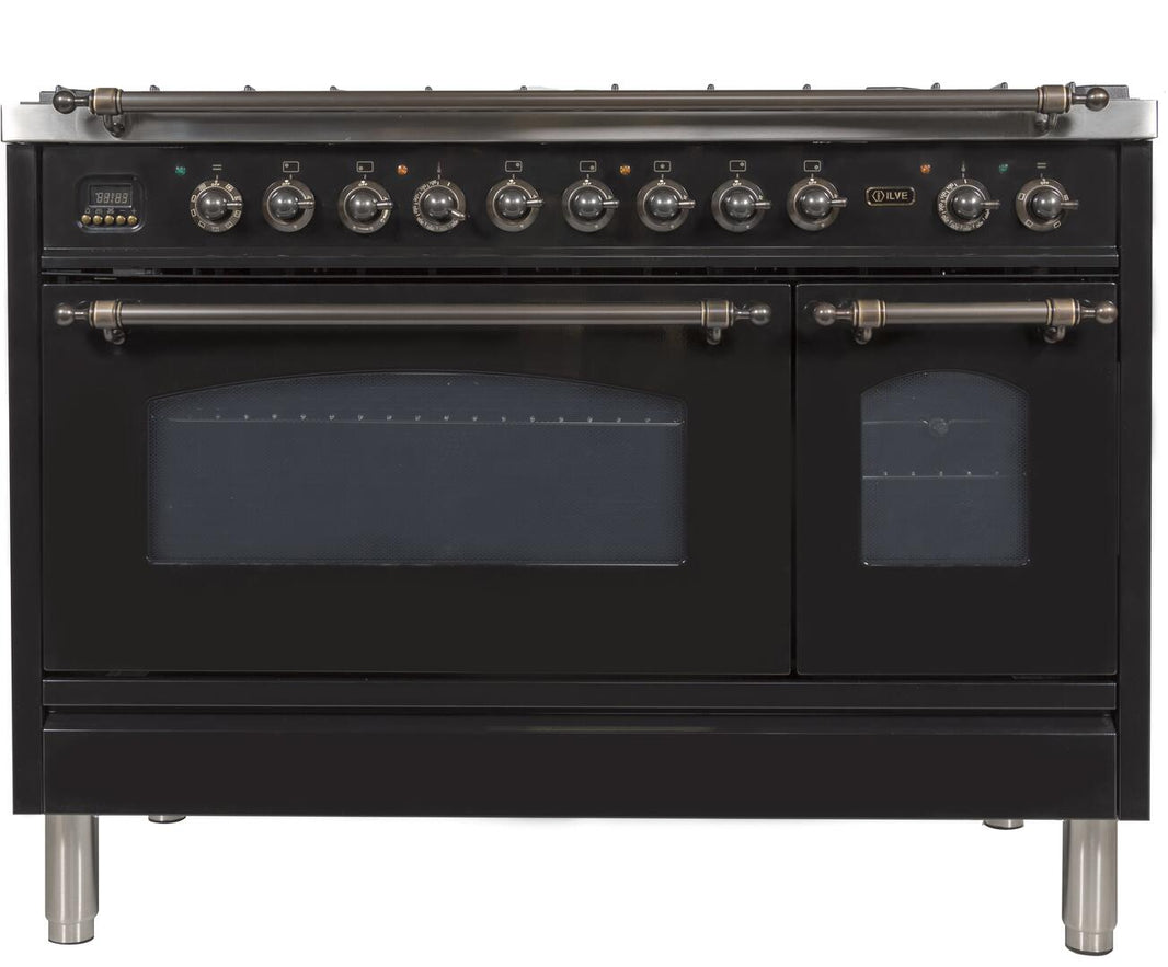 ILVE 48-Inch Nostalgie - Dual Fuel Range with 7 Sealed Burners - 5 cu. ft. Oven - Griddle with Bronze Trim in Glossy Black (UPN120FDMPNY)