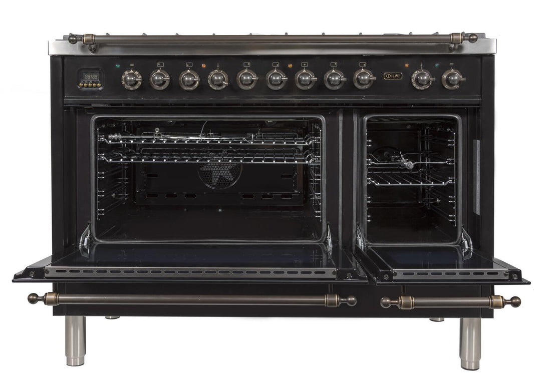 ILVE 48-Inch Nostalgie - Dual Fuel Range with 7 Sealed Burners - 5 cu. ft. Oven - Griddle with Bronze Trim in Glossy Black (UPN120FDMPNY)