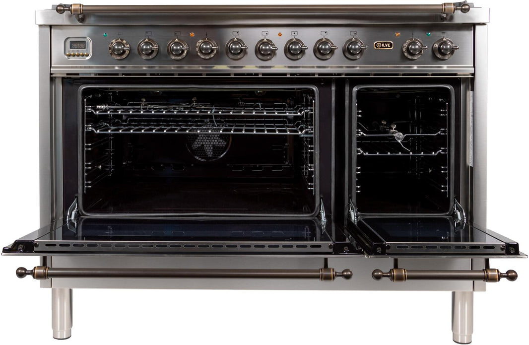 ILVE 48-Inch Nostalgie - Dual Fuel Range with 7 Sealed Burners - 5 cu. ft. Oven - Griddle with Bronze Trim in Stainless Steel (UPN120FDMPIY)