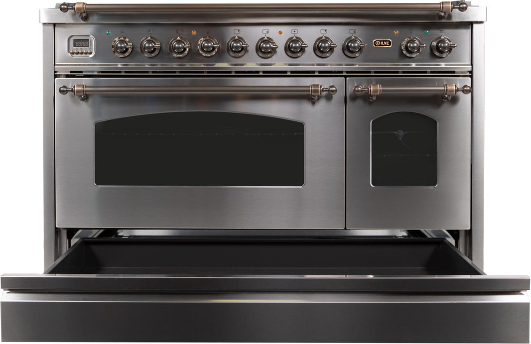 ILVE 48-Inch Nostalgie - Dual Fuel Range with 7 Sealed Burners - 5 cu. ft. Oven - Griddle with Bronze Trim in Stainless Steel (UPN120FDMPIY)