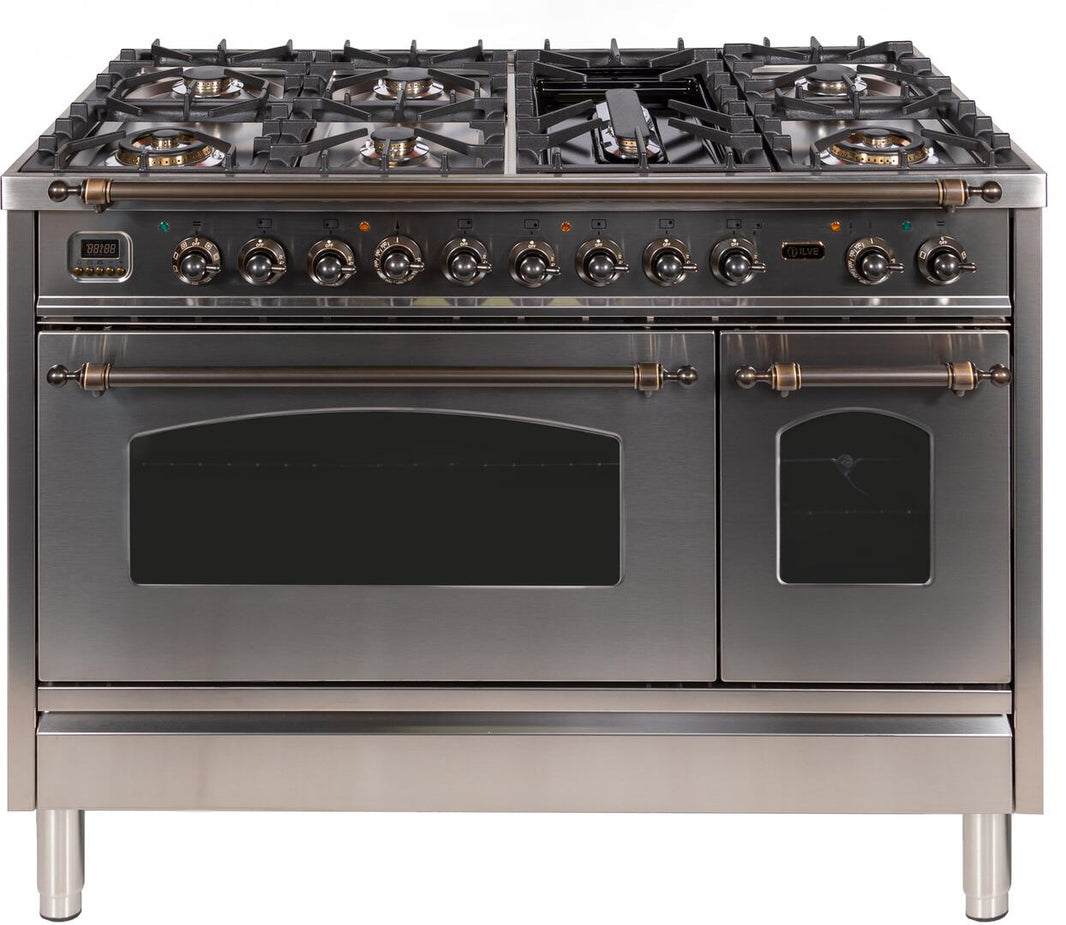 ILVE 48-Inch Nostalgie - Dual Fuel Range with 7 Sealed Burners - 5 cu. ft. Oven - Griddle with Bronze Trim in Stainless Steel (UPN120FDMPIY)