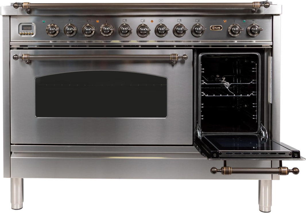 ILVE 48-Inch Nostalgie - Dual Fuel Range with 7 Sealed Burners - 5 cu. ft. Oven - Griddle with Bronze Trim in Stainless Steel (UPN120FDMPIY)