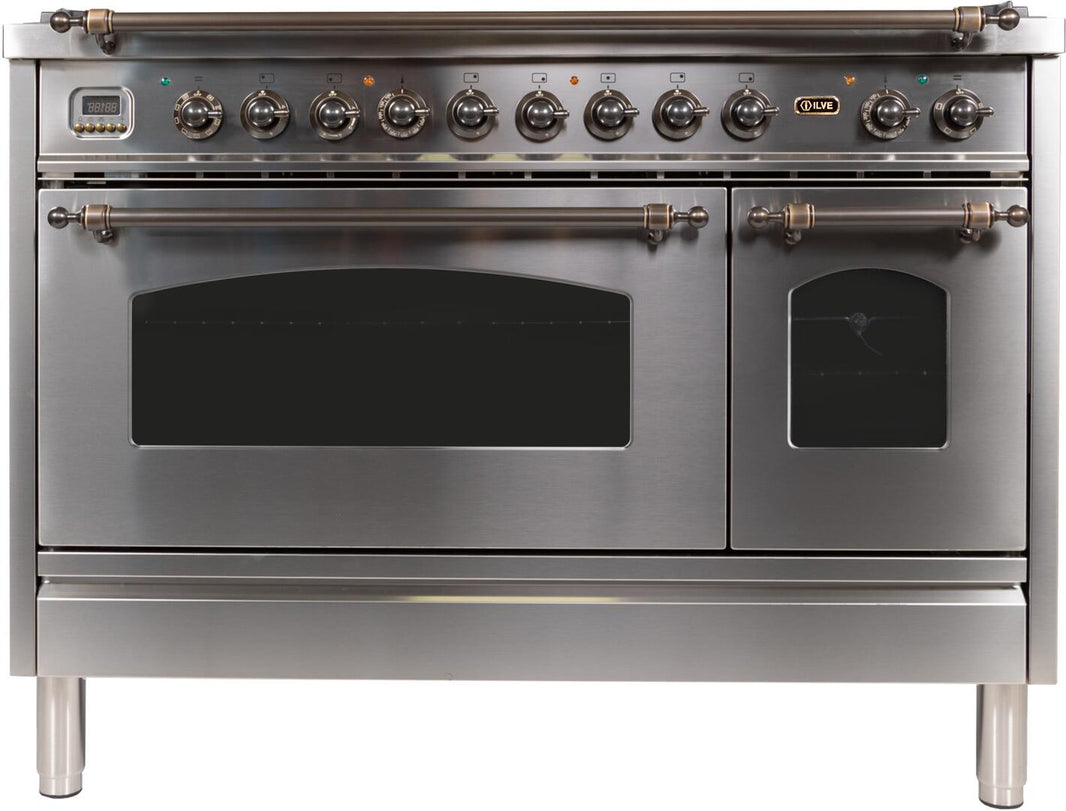 ILVE 48-Inch Nostalgie - Dual Fuel Range with 7 Sealed Burners - 5 cu. ft. Oven - Griddle with Bronze Trim in Stainless Steel (UPN120FDMPIY)