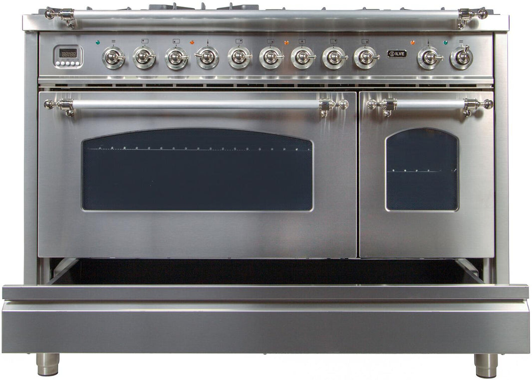 ILVE 48-Inch Nostalgie - Dual Fuel Range with 7 Sealed Burners - 5 cu. ft. Oven - Griddle with Chrome Trim in Stainless Steel (UPN120FDMPIX)