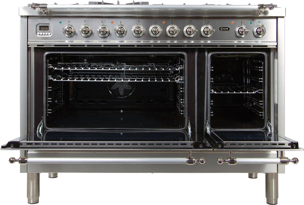 ILVE 48-Inch Nostalgie - Dual Fuel Range with 7 Sealed Burners - 5 cu. ft. Oven - Griddle with Chrome Trim in Stainless Steel (UPN120FDMPIX)