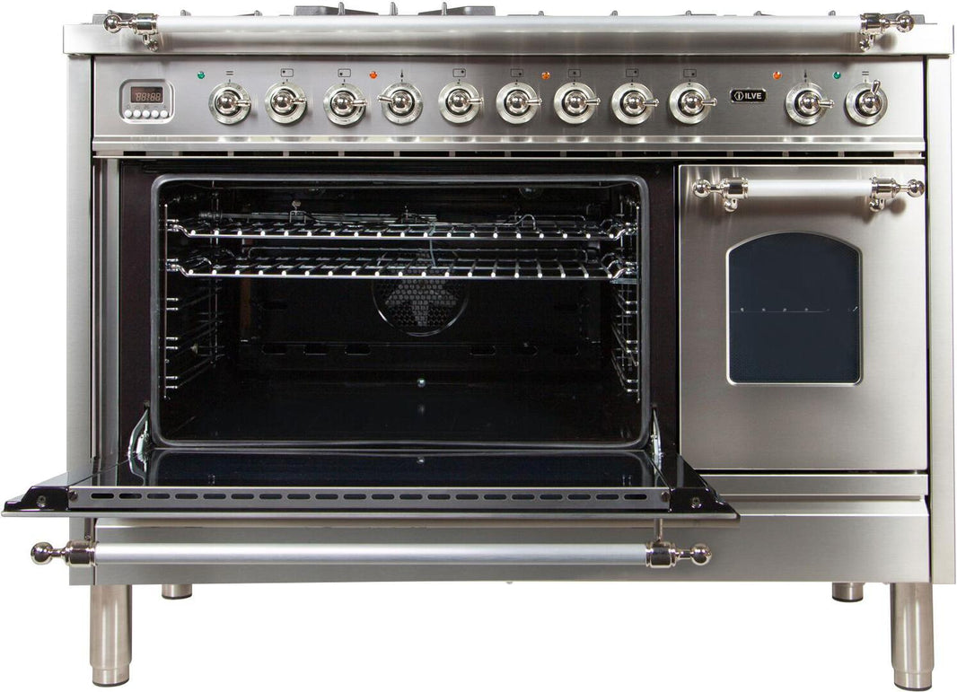 ILVE 48-Inch Nostalgie - Dual Fuel Range with 7 Sealed Burners - 5 cu. ft. Oven - Griddle with Chrome Trim in Stainless Steel (UPN120FDMPIX)