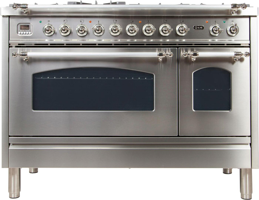 ILVE 48-Inch Nostalgie - Dual Fuel Range with 7 Sealed Burners - 5 cu. ft. Oven - Griddle with Chrome Trim in Stainless Steel (UPN120FDMPIX)