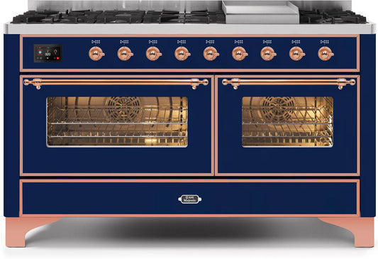 ILVE 60-Inch Majestic II Dual Fuel Range - 9 Sealed Burners and Griddle - 5.8 cu. ft. - Copper Trim in Midnight Blue (UM15FDNS3MBP)