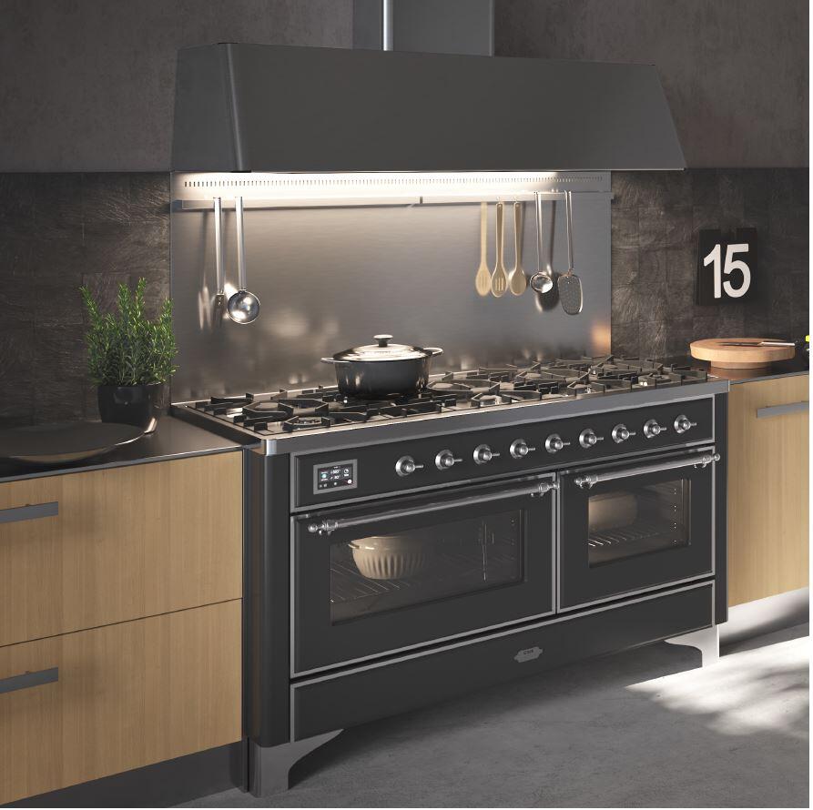 ILVE 60-Inch Majestic II Dual Fuel Range - 9 Sealed Burners and Griddle - 5.8 cu. ft. Oven Copper Trim in Burgundy (UM15FDNS3BUP)