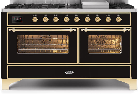 ILVE 60-Inch Majestic II Dual Fuel Range with 9 Sealed Burners and Griddle - 5.8 cu. ft. Oven - Brass Trim in Glossy Black (UM15FDNS3BKG)