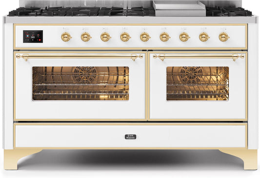 ILVE 60-Inch Majestic II Dual Fuel Range with 9 Sealed Burners and Griddle - 5.8 cu. ft. Oven - Brass Trim in White (UM15FDNS3WHG)