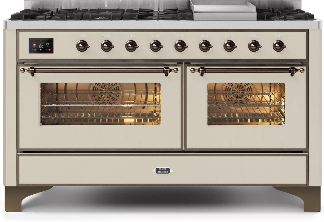 ILVE 60-Inch Majestic II Dual Fuel Range with 9 Sealed Burners and Griddle - 5.8 cu. ft. Oven - Bronze Trim in Antique White (UM15FDNS3AWB)