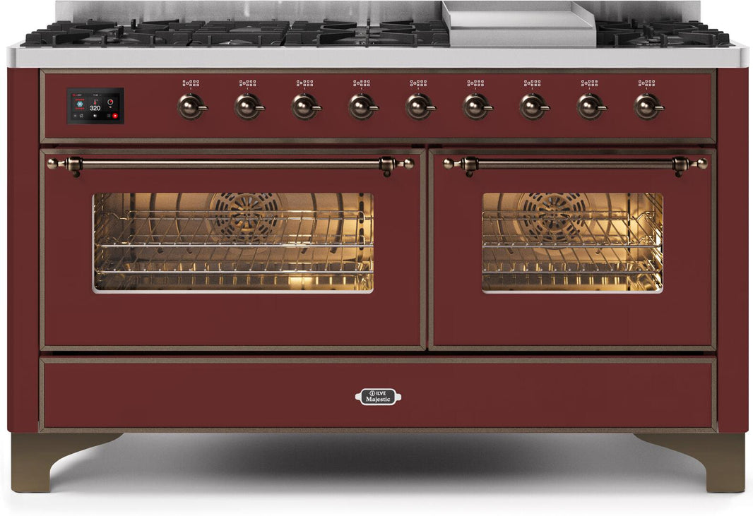 ILVE 60-Inch Majestic II Dual Fuel Range with 9 Sealed Burners and Griddle - 5.8 cu. ft. Oven - Bronze Trim in Burgundy (UM15FDNS3BUB)