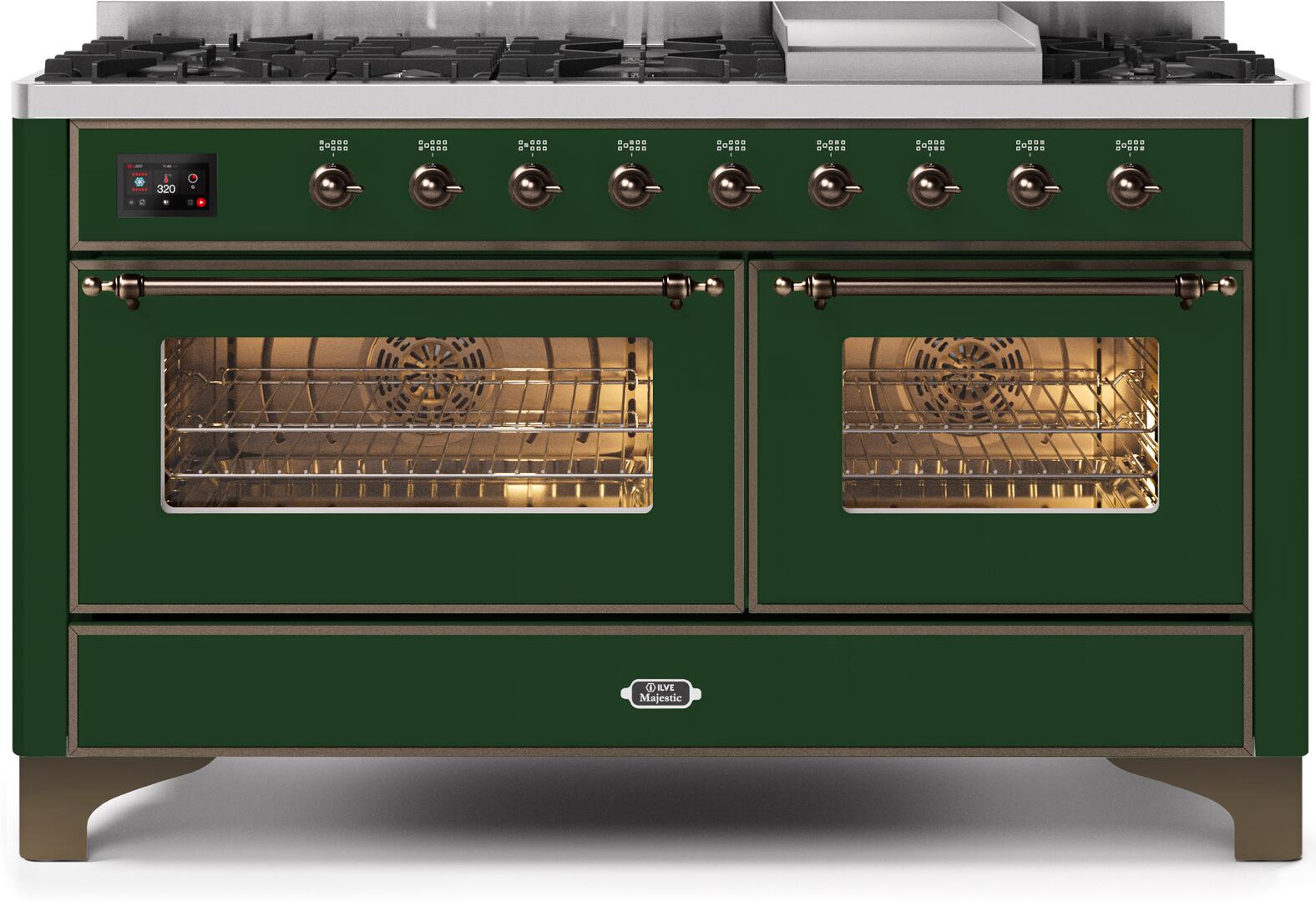 ILVE 60-Inch Majestic II Dual Fuel Range with 9 Sealed Burners and Griddle - 5.8 cu. ft. Oven - Bronze Trim in Emerald Green (UM15FDNS3EGB)