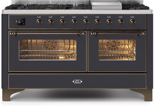 ILVE 60-Inch Majestic II Dual Fuel Range with 9 Sealed Burners and Griddle - 5.8 cu. ft. Oven - Bronze Trim in Matte Graphite (UM15FDNS3MGB)