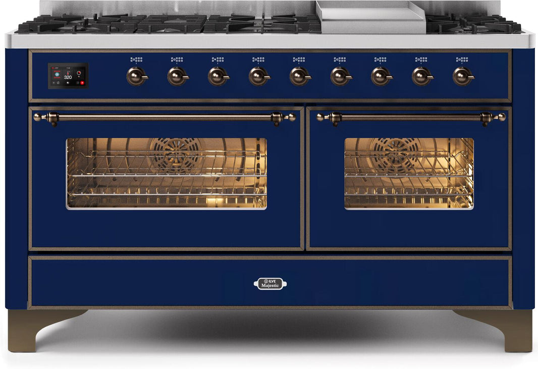 ILVE 60-Inch Majestic II Dual Fuel Range with 9 Sealed Burners and Griddle - 5.8 cu. ft. Oven - Bronze Trim in (UM15FDNS3MBB)