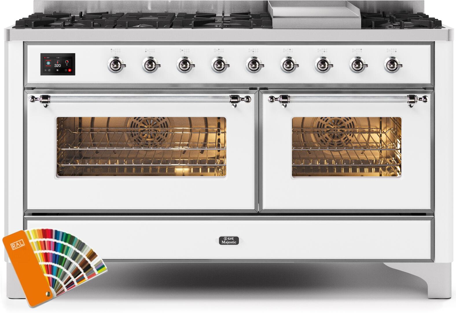 ILVE 60-Inch Majestic II Dual Fuel Range with 9 Sealed Burners and Griddle - 5.8 cu. ft. Oven - Chrome Trim in Custom RAL Color (UM15FDNS3RALC)