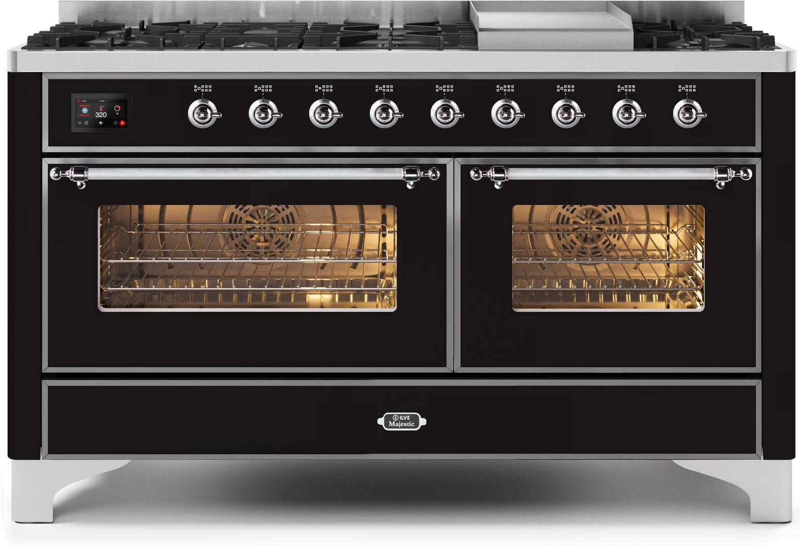 ILVE 60-Inch Majestic II Dual Fuel Range with 9 Sealed Burners and Griddle - 5.8 cu. ft. Oven - Chrome Trim in Glossy Black (UM15FDNS3BKC)