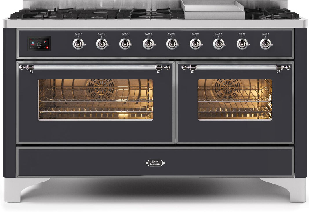 ILVE 60-Inch Majestic II Dual Fuel Range with 9 Sealed Burners and Griddle - 5.8 cu. ft. Oven - Chrome Trim in Matte Graphite (UM15FDNS3MGC)