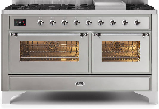 ILVE 60-Inch Majestic II Dual Fuel Range with 9 Sealed Burners and Griddle - 5.8 cu. ft. Oven - Chrome Trim in Stainless Steel (UM15FDNS3SSC)