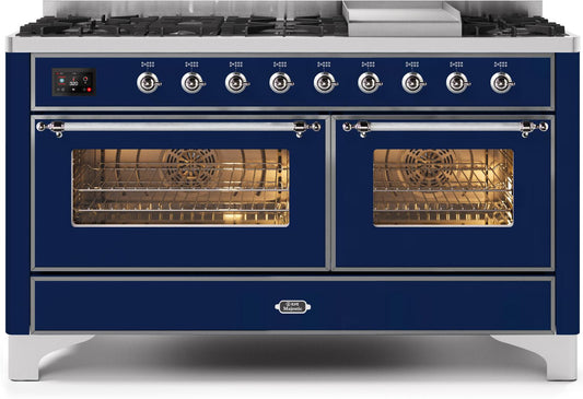 ILVE 60-Inch Majestic II Dual Fuel Range with 9 Sealed Burners and Griddle - 5.8 cu. ft. Oven - Chrome Trim in (UM15FDNS3MBC)