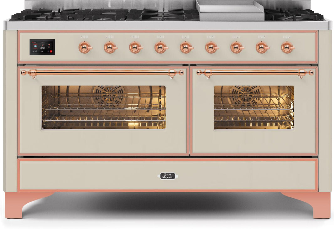 ILVE 60-Inch Majestic II Dual Fuel Range with 9 Sealed Burners and Griddle - 5.8 cu. ft. Oven - Copper Trim in Antique White (UM15FDNS3AWP)