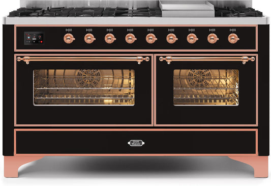 ILVE 60-Inch Majestic II Dual Fuel Range with 9 Sealed Burners and Griddle - 5.8 cu. ft. Oven - Copper Trim in Glossy Black (UM15FDNS3BKP)