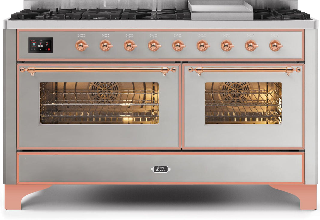 ILVE 60-Inch Majestic II Dual Fuel Range with 9 Sealed Burners and Griddle - 5.8 cu. ft. Oven - Copper Trim in Stainless Steel (UM15FDNS3SSP)