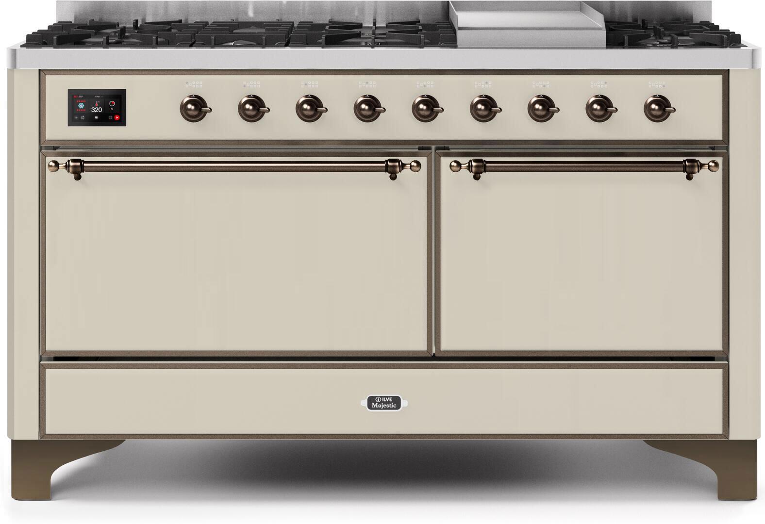 ILVE 60-Inch Majestic II Dual Fuel Range with 9 Sealed Burners - Griddle - Dual Oven - Antique White (UM15FDQNS3AWP)