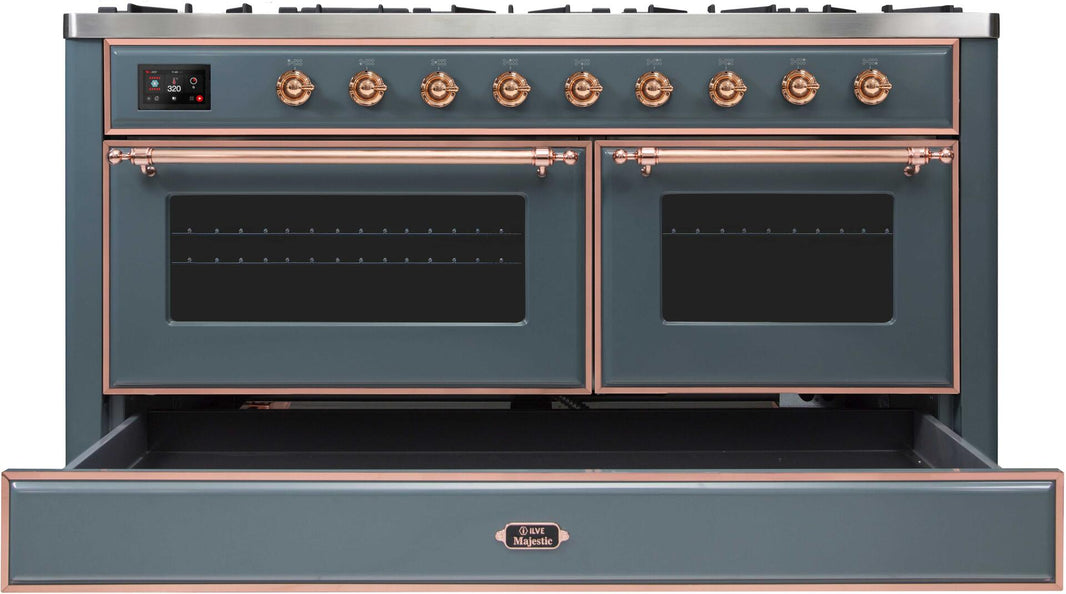 ILVE 60-Inch Majestic II Dual Fuel Range with 9 Sealed Burners - Griddle - Dual Oven - Blue Grey with Copper Trim (UM15FDNS3BGP)