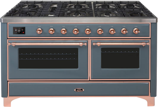 ILVE 60-Inch Majestic II Dual Fuel Range with 9 Sealed Burners - Griddle - Dual Oven - Blue Grey with Copper Trim (UM15FDNS3BGP)