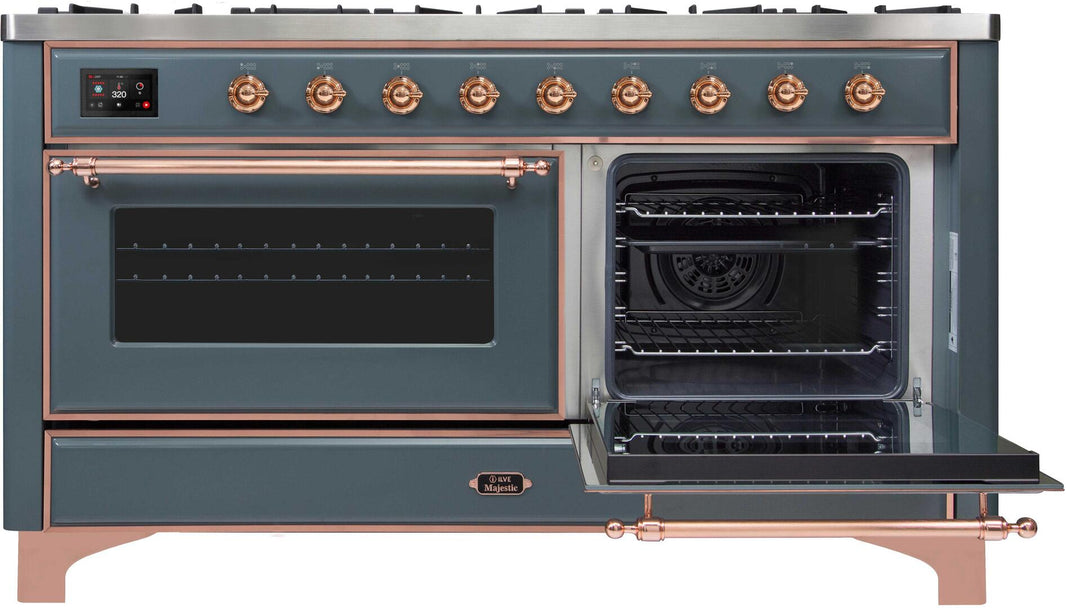 ILVE 60-Inch Majestic II Dual Fuel Range with 9 Sealed Burners - Griddle - Dual Oven - Blue Grey with Copper Trim (UM15FDNS3BGP)