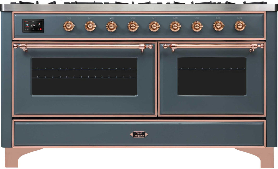 ILVE 60-Inch Majestic II Dual Fuel Range with 9 Sealed Burners - Griddle - Dual Oven - Blue Grey with Copper Trim (UM15FDNS3BGP)