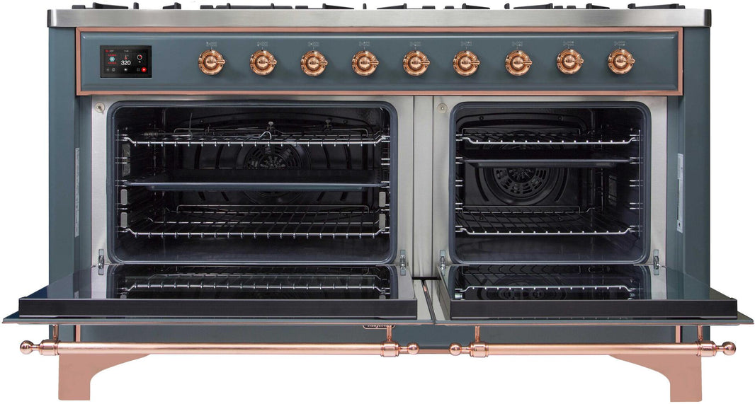 ILVE 60-Inch Majestic II Dual Fuel Range with 9 Sealed Burners - Griddle - Dual Oven - Blue Grey with Copper Trim (UM15FDNS3BGP)