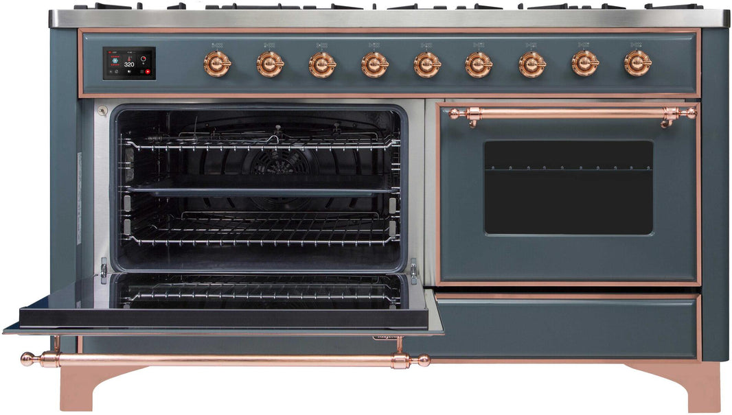 ILVE 60-Inch Majestic II Dual Fuel Range with 9 Sealed Burners - Griddle - Dual Oven - Blue Grey with Copper Trim (UM15FDNS3BGP)