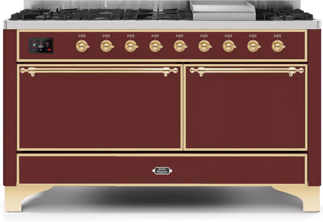 ILVE 60-Inch Majestic II Dual Fuel Range with 9 Sealed Burners - Griddle - Dual Oven - Burgundy (UM15FDQNS3BUG)